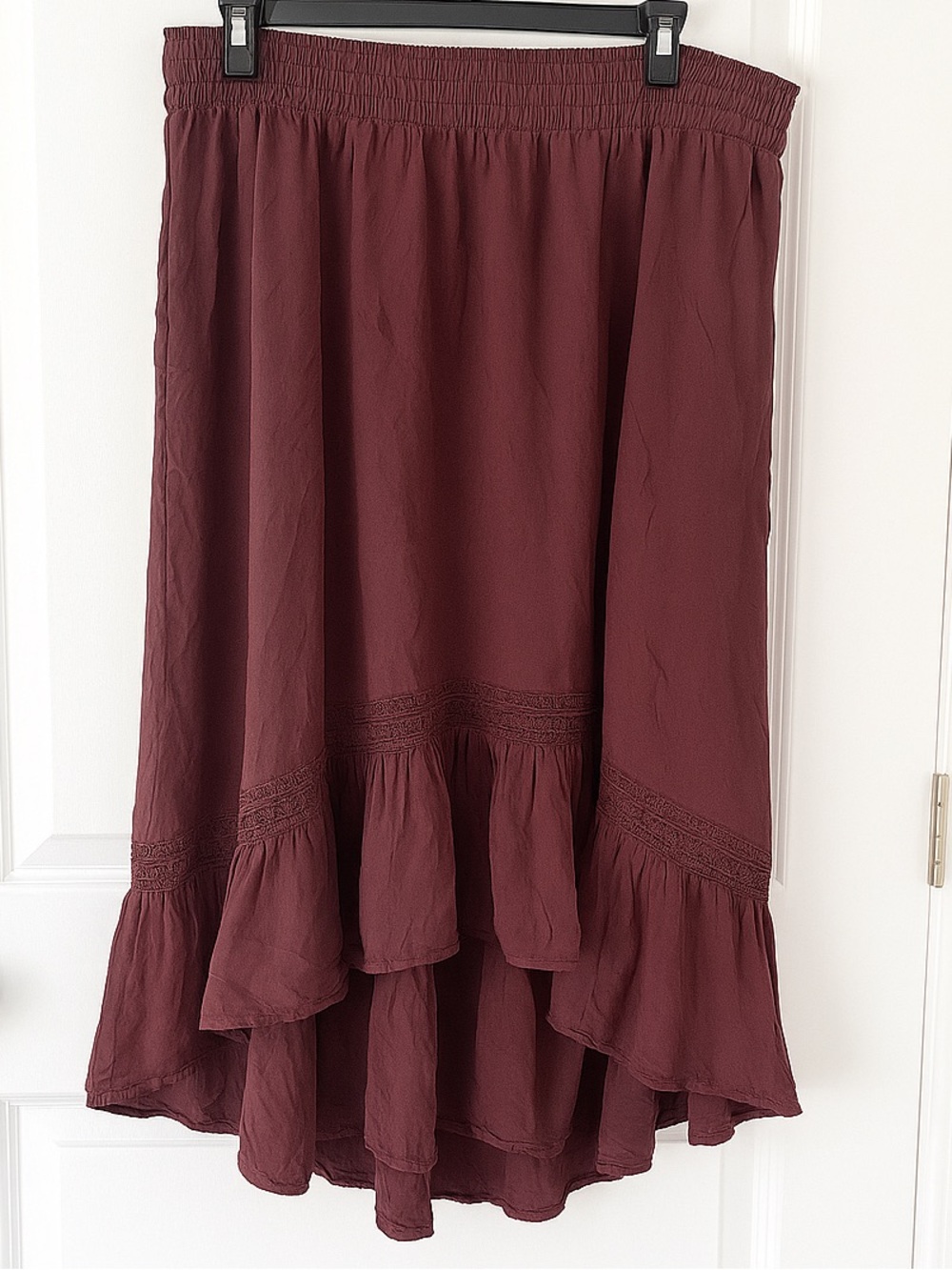 Torrid High-Low Maxi Skirt 1X Burgundy Sassafras Lace Trim Boho Flowy Pockets